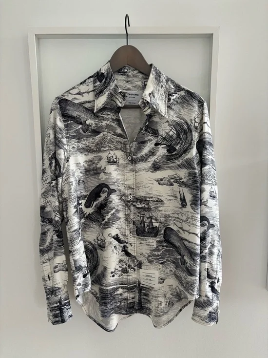 NWOT Thom Browne Black & White Illustrated Button-Up Shirt - Picture 1 of 6